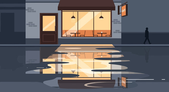 City cafe storefront reflecting in puddle after rain, silhouette of person walking