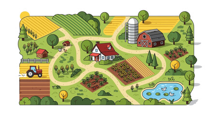 Charming Cartoon Farm Landscape with Fields, Barn, Tractor, and Pond © Andry