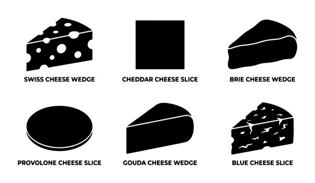 Diverse Cheese Variety Vector Icons: Swiss, Cheddar, Brie, Provolone, Gouda, Blue Cheese Slices and Wedges, Food Icons for Culinary Graphics