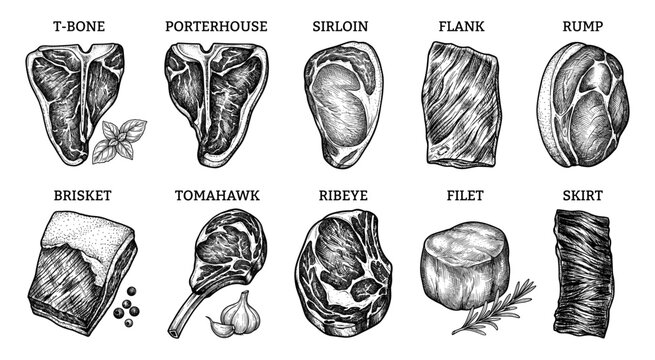 Beef steak cut sketch set with ribeye tomahawk t-bone and sirloin