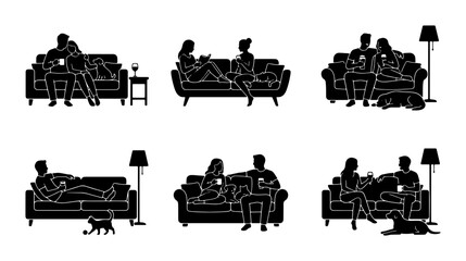 Obraz premium Couple Relaxation Silhouettes, Cozy Sofa Scenes, Leisure Time Icons, Domestic Comfort Vector Set