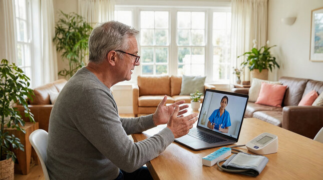 Senior male patient communicating with young female medical professional on laptop video call with electronic blood pressure monitor resting on wooden table at home