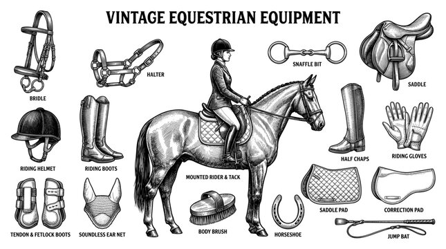 Vintage equestrian equipment sketch set with horse rider saddle and bridle