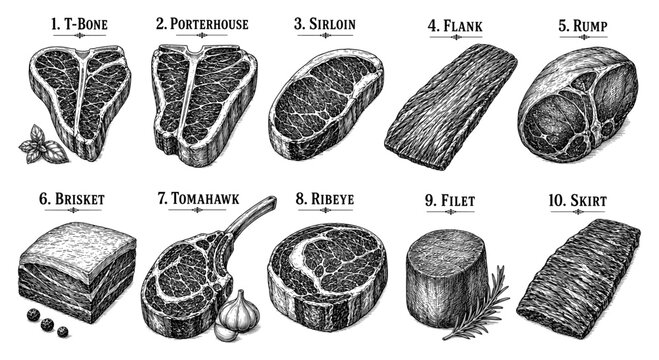 Beef steak cut sketch set with ribeye tomahawk t-bone and sirloin