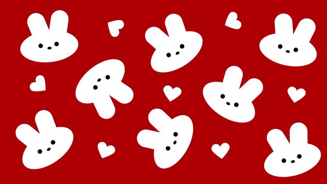 A fun seamless pattern of cute white bunny characters and small hearts scattered across a bold red background in kawaii cartoon style