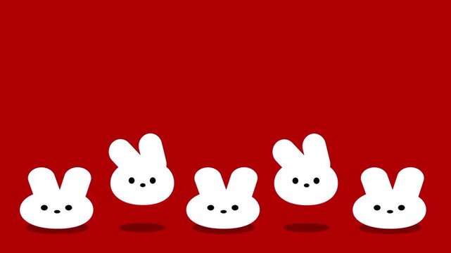 A row of three cute kawaii white bunny characters lined up side by side on a bold red background in a sweet simple cartoon illustration