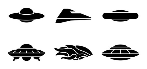 Alien Spaceship Icons, UFO Vector Set, Extraterrestrial Flying Saucer Graphics, Sci-Fi Craft Symbols, Galactic Transport Silhouettes © Sadia
