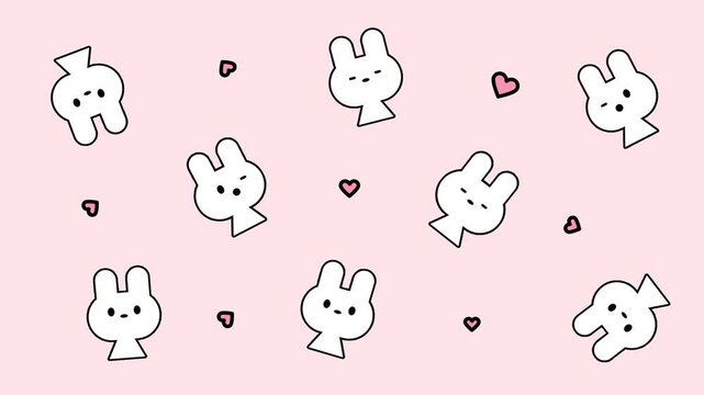 A cute scattered sticker sheet pattern featuring white bunny characters and small hearts on a soft pink background in kawaii cartoon style
