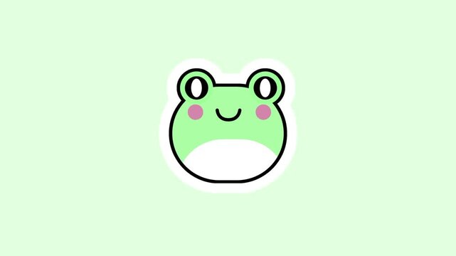 A single cute kawaii green frog face with rosy pink cheeks on a soft light green background in a simple sweet minimalist cartoon style