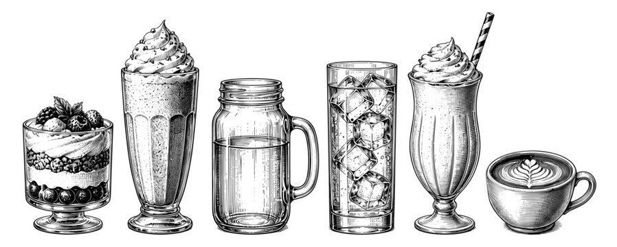 Sweet milkshake parfait ice drink latte cup and glass jar sketch set