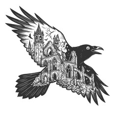 Naklejka premium crow silhouette with ruined gothic castle inside, symbolizing mystery, dark fantasy, horror, and medieval atmosphere sketch engraving generative ai raster illustration. Scratch board. Black and white