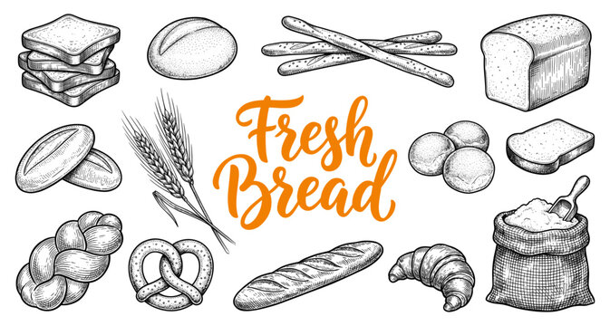 Fresh bread bakery set with loaf baguette croissant pretzel flour bag