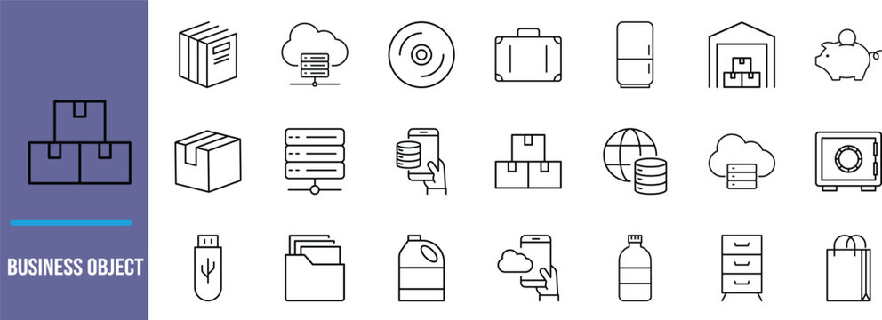 Business object data storage icons. box icon set, server icon set, cloud icon set