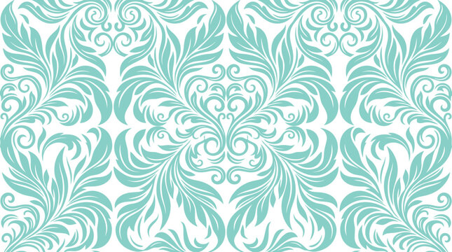 Teal Damask Seamless Pattern with Ornamental Floral Motifs for Textile and Wallpaper Design.