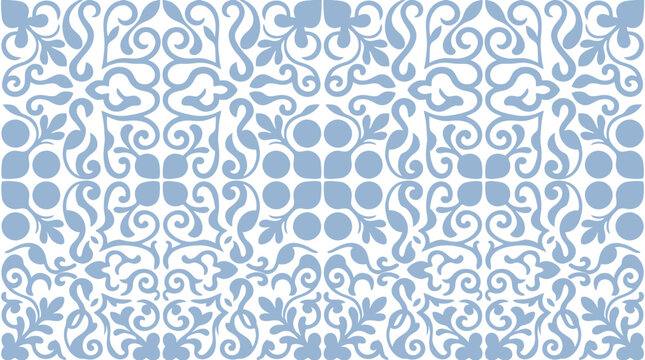 Blue ornamental repeating tile pattern design for textiles and backgrounds.