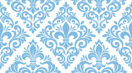 Fototapeta premium Intricate blue and white damask pattern with repeating floral motif for textiles and wallpaper backgrounds.