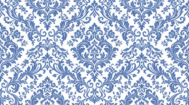 Intricate blue and white damask pattern for textiles, wallpaper, and decorative design elements.