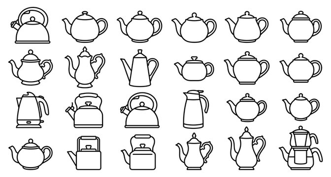 Teapot kettle line icon set with turkish double and electric pot