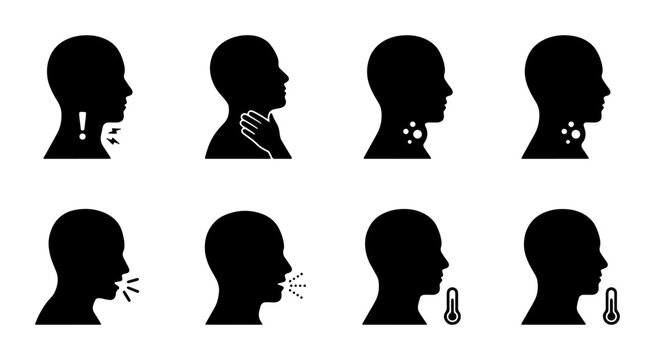 Throat Pain and Soreness Icons, Medical Symptoms Set, Illness and Health Condition Vector Graphics
