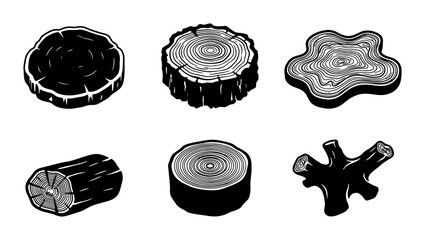 Set of 6 Black and White Wood Slice Vector Icons, Tree Trunk Cross-Sections, Rustic Natural Elements for Design © Arif