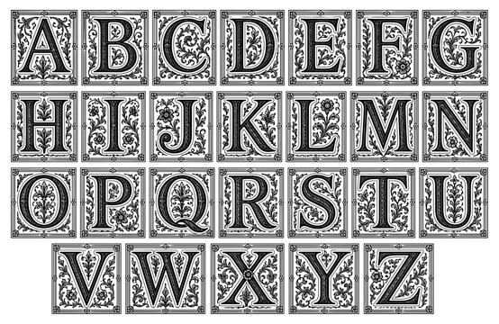 Vintage initial alphabet letter set with floral drop cap monogram font