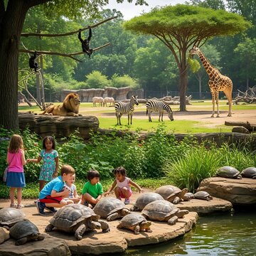 Curious Children Watching Tortoise Exhibit in Sunny Zoo Safari Habitat