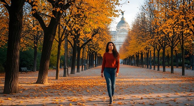 Young Woman Walking Along Golden Autumn Tree Lined Path in City Park