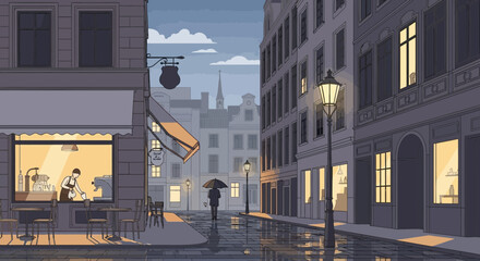 Pixel Art Rainy Street Scene with Cafe and Lone Figure © Cah