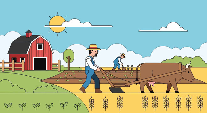 Farmers Plowing Field with Ox Cart, Rural Farm Scene, Agriculture Illustration