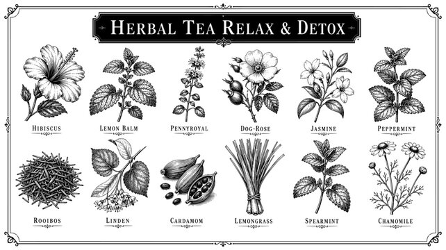 Herbal tea relax and detox set with mint hibiscus jasmine chamomile