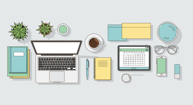 Modern Flat Lay Desk Setup: Laptop, Tablet, Coffee, Plants, and Office Supplies