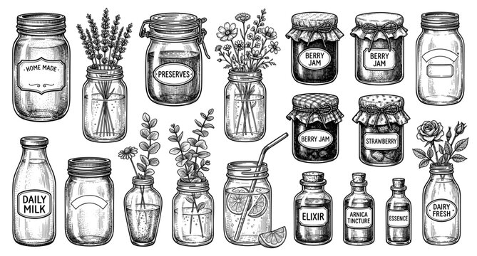 Vintage mason jar glass bottle set with apothecary jam milk vase