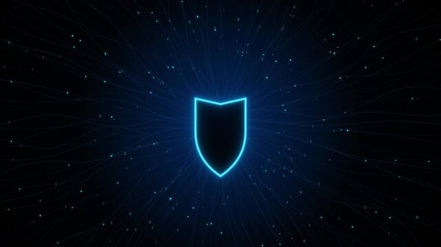 Cyber security shield icon with digital data flow on dark background