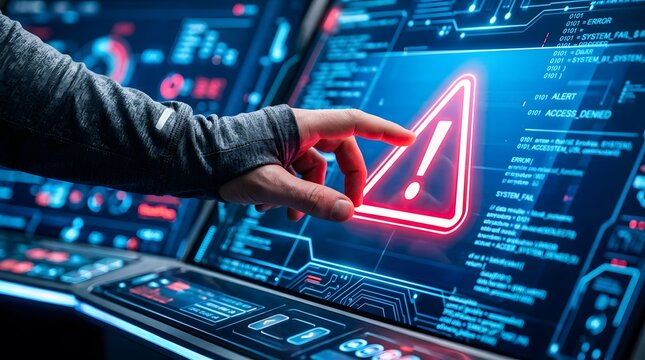 A persons hand pointing to a warning sign on a futuristic computer screen with code and circuitry