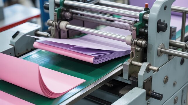 Industrial paper folding machine processing pink sheets