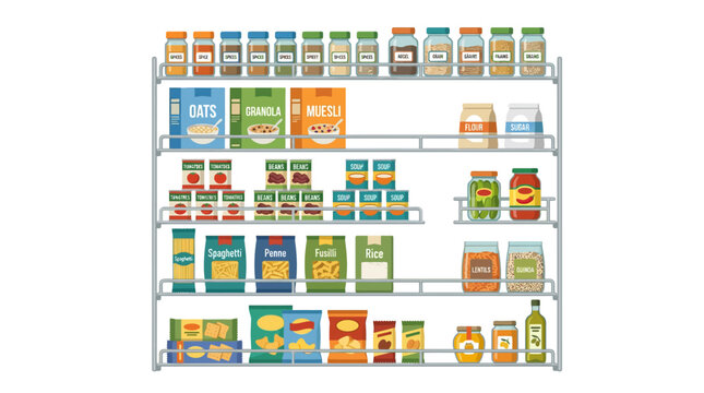 Pantry Shelf Full of Food Products, Jars, Cans, Boxes, and Bottles