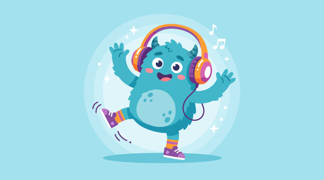 Cute blue monster with headphones dancing and listening to music with stars and notes