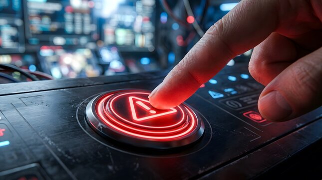 Closeup of finger pressing red pause button on futuristic control panel with blurred background
