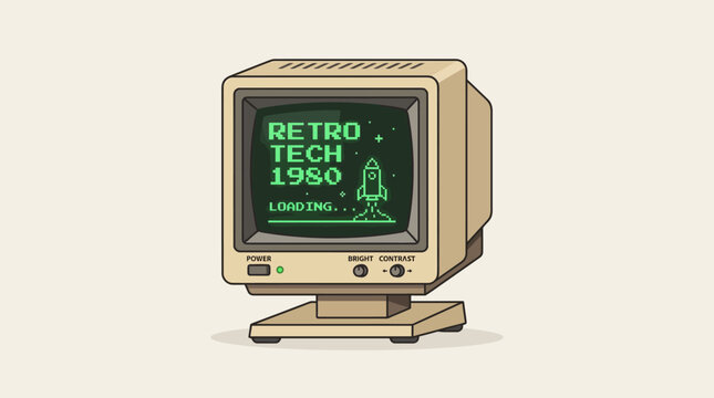 Retro computer monitor with pixel art 1980s tech and rocket loading screen