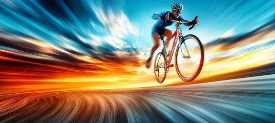 Fototapeta premium Speed Demon Cyclist Blurs Past Scenic Route Towards Radiant Horizon in Action-Packed Ride Adventure