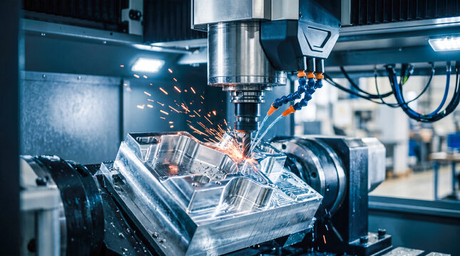 Industrial heavy automated cnc milling machine cutting shaping metal block creating bright flying sparks precision engineering manufacturing modern factory equipment process
