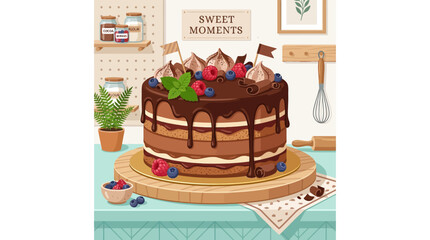 Decadent Chocolate Drip Cake with Berries and Cream, Kitchen Background © malika