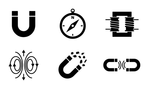 Magnetism Science Icons, Magnetic Field Vectors, Compass Navigation, Coil Electromagnetism, U-Shape Magnetism, Attraction Force, 6 Vector Elements