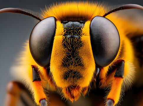 Ultra close up of a honey bee's face showcasing large compound eyes and dense yellow fur.