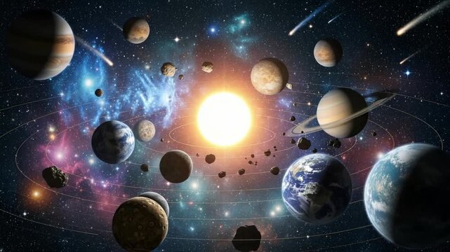 Solar system with planets, sun, asteroids, and comets in space