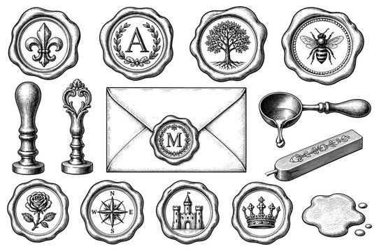 Vintage wax stamp heraldic seal set with envelope monogram and crown