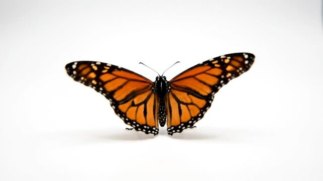 Monarch butterfly in natural position with wings spread wide against a white studio backdrop, front view