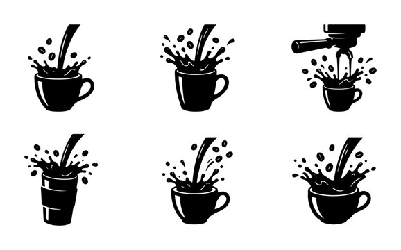 Coffee Pouring Vector Icons, Hot Beverage Splash Set, Espresso Machine Brew Elements, Black Silhouette Collection for Cafe and Barista Graphics