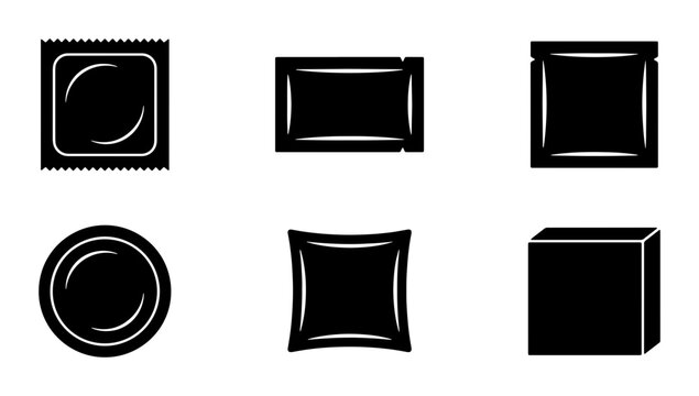 Black Packaging Icons, Vector Set: Condom Wrappers, Sachets, Boxes, and Pouches for Product Design and Branding