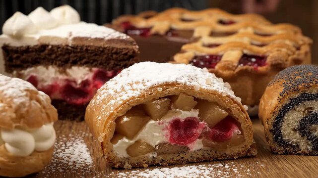 Decadent selection of european desserts: chocolate cherry cake slice, apple strudel roll, and lattice fruit pie on a rustic wooden background.